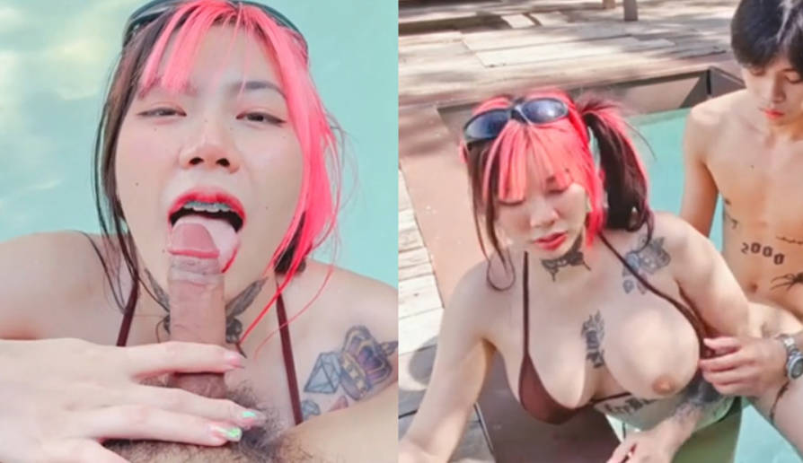 漂亮大奶美眉吃鸡啪啪 在泳池被小男友无套猛怼 内射